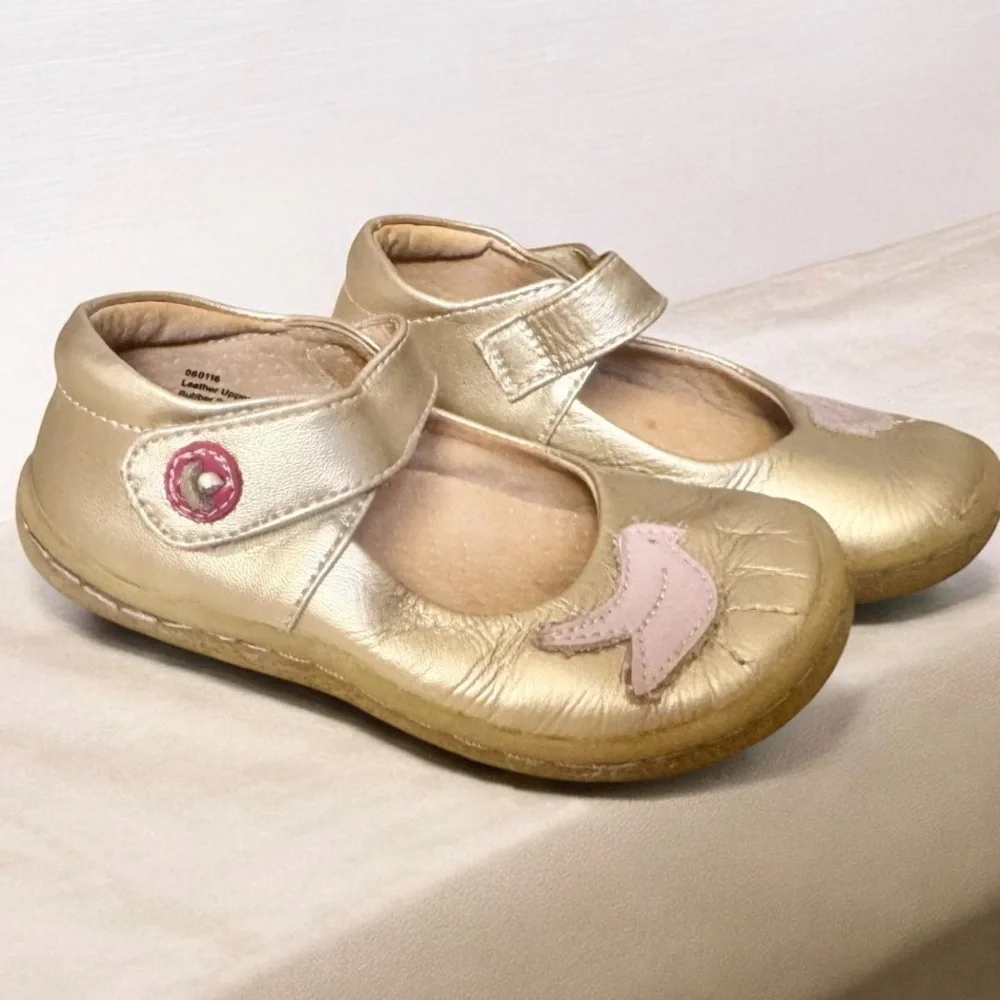 LIVIE & LUCA PIO PIO GOLD LEATHER bird Applique mary Jane girl’s shoes size 7